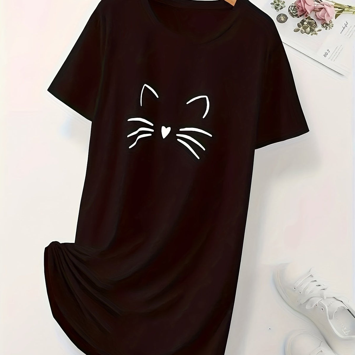 Cartoon Cat Print NightDress Short Sleeve Pajama Dress