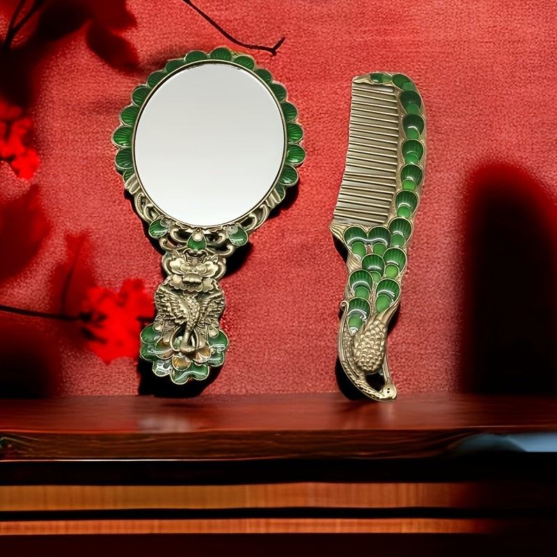 Vintage Peacock Vanity Makeup Mirror and Comb Set