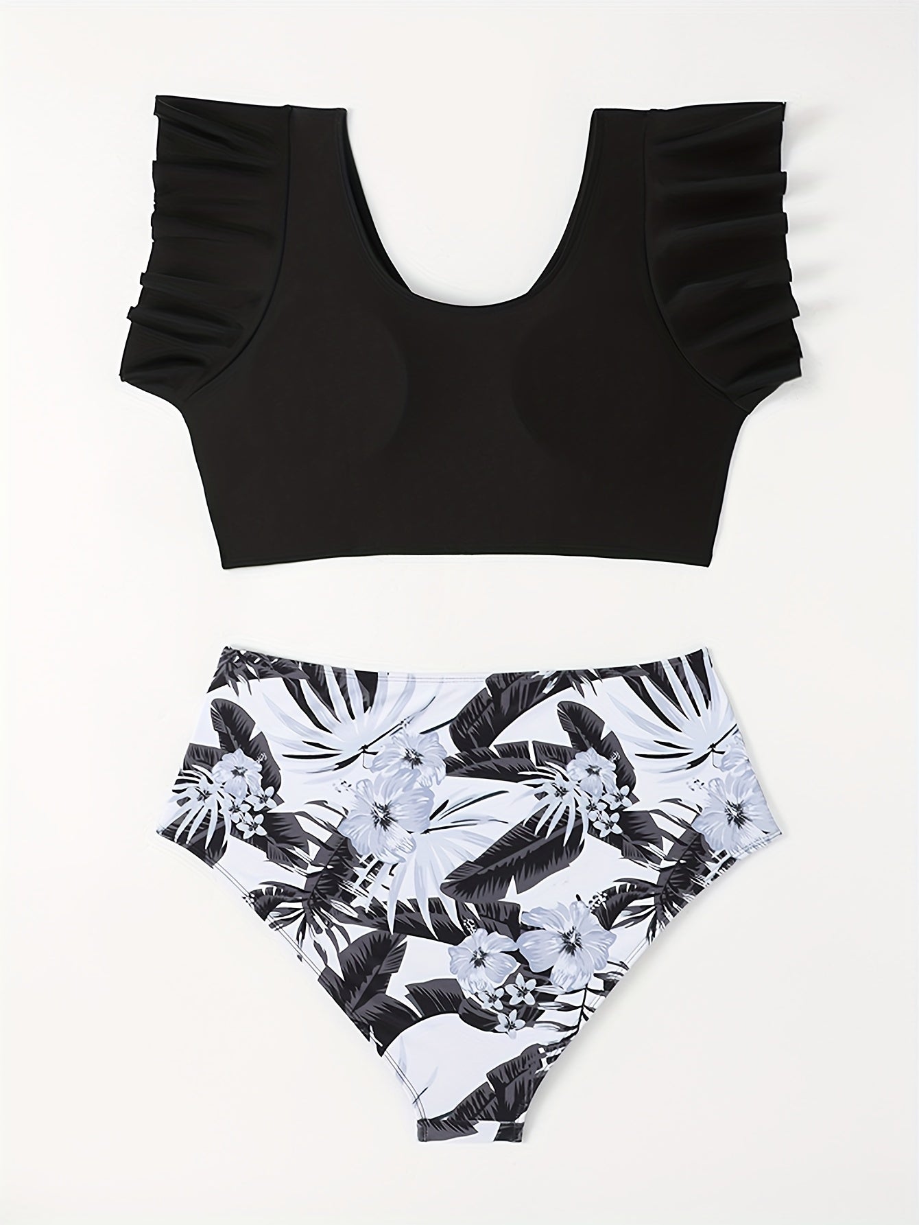  Vacay Tankini Set Women's Plus Solid Ruffle Sleeve V Neck Crop Top