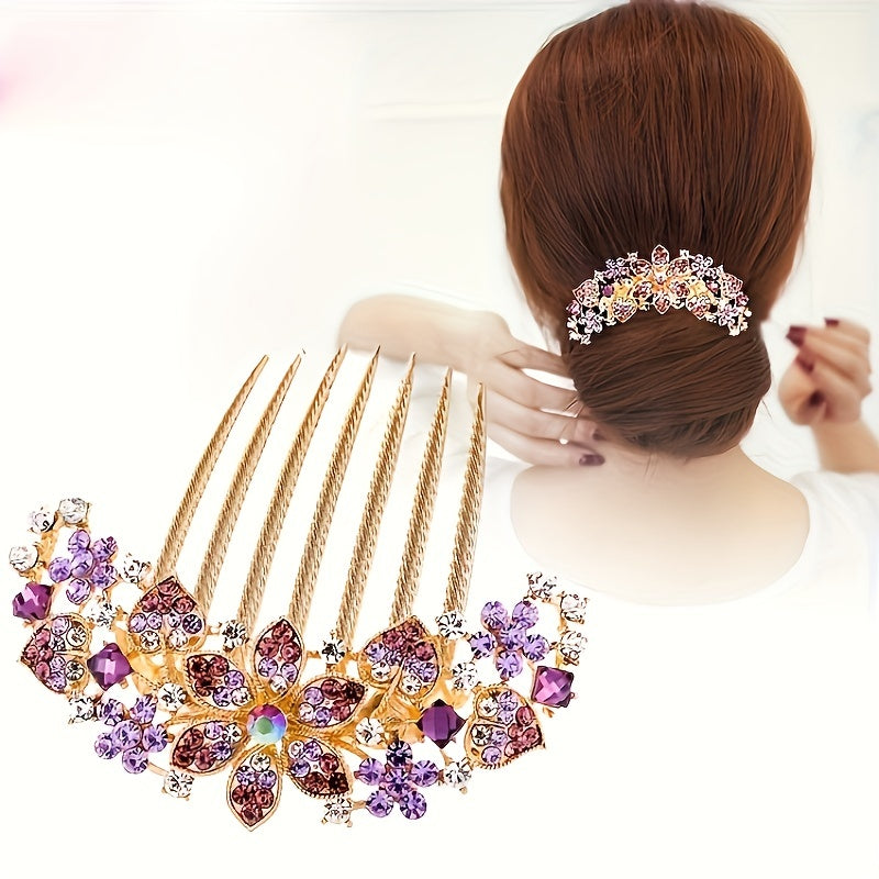 Crystal Rhinestone Hair Comb Flower Decor Non-slip Hair Ornament