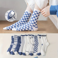10 Pairs Bear & Plaid Print Ribbed Socks Women's Mid Tube Stockings