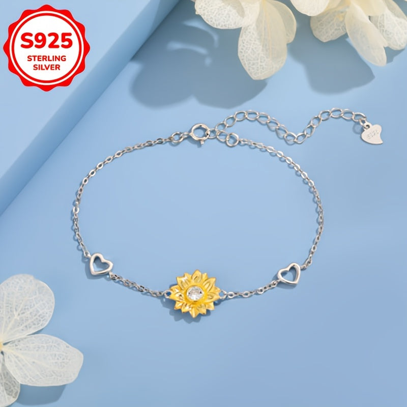 Sunflower & Heart Charm Bracelet with CZ 925 Sterling Silver