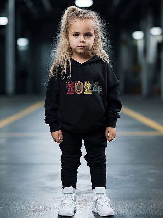 Girls Alphabets Pattern Hooded Sweatshirt Solid Sweatpants Set Kids Clothes