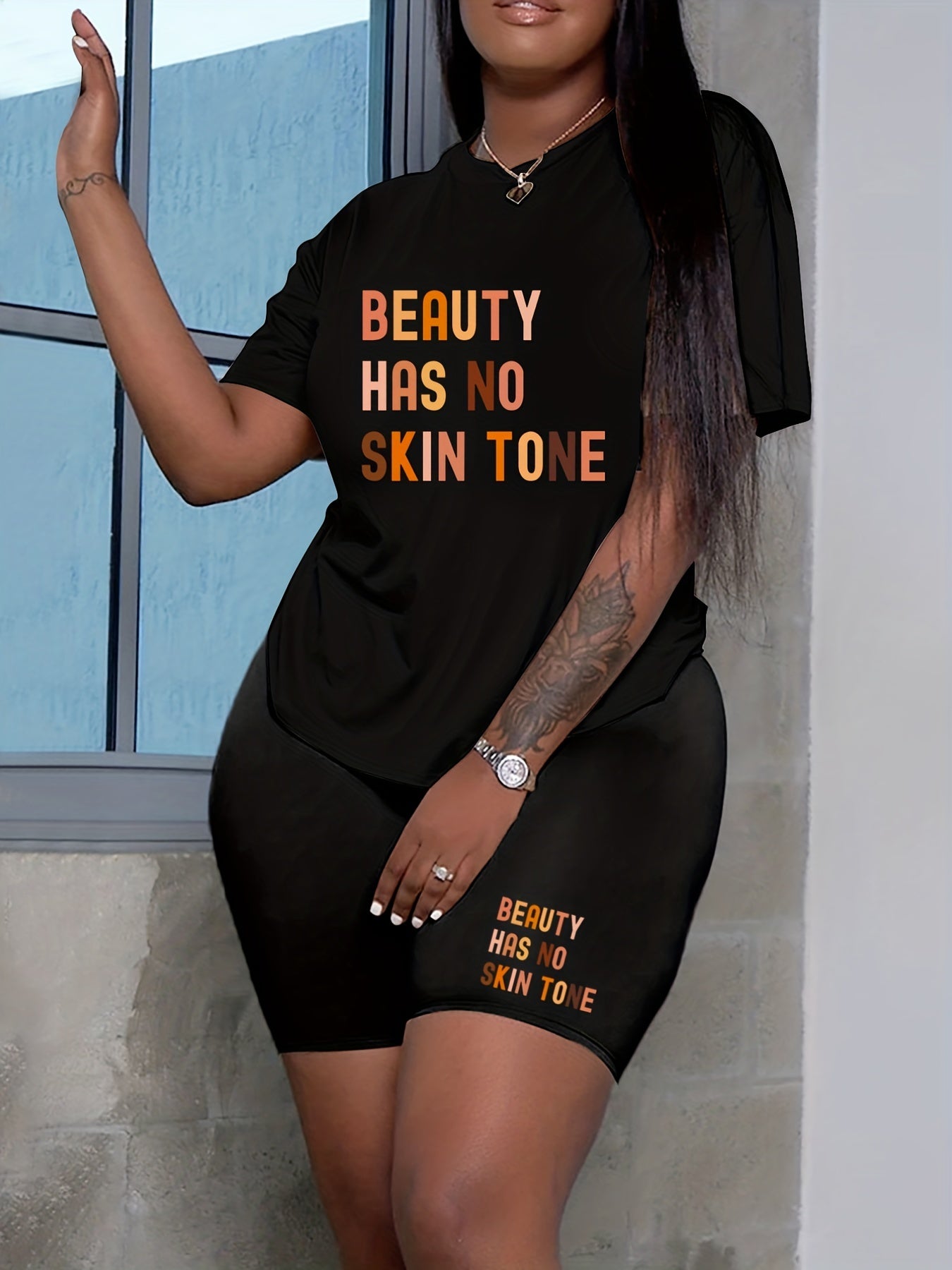 Women's Plus Slogan Print Top & Shorts Set