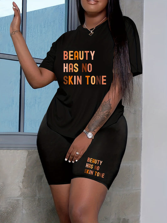 Women's Plus Slogan Print Top & Shorts Set
