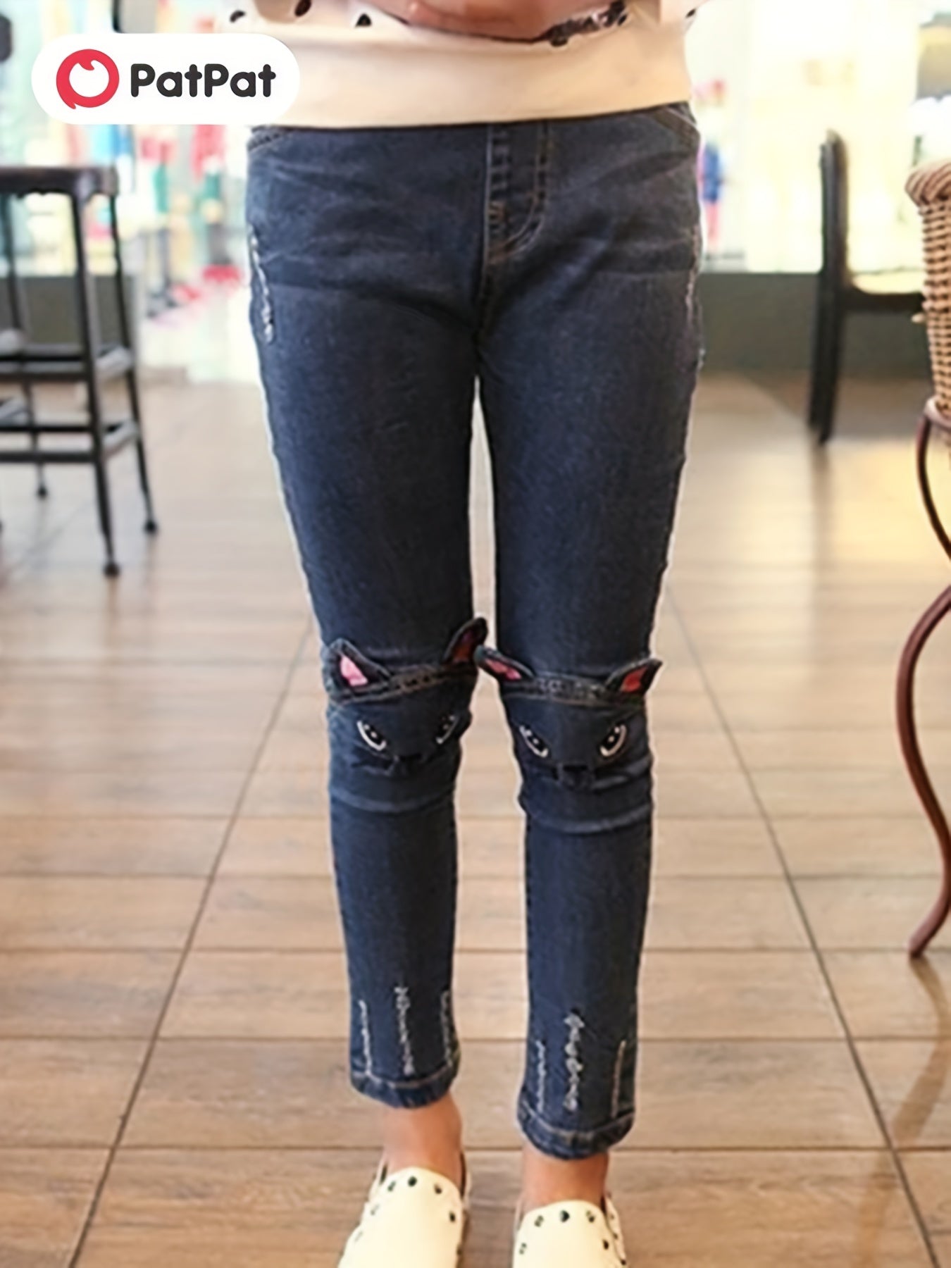 Boys Ripped Skinny Jeans Cat Design Tasseled Denim Pants