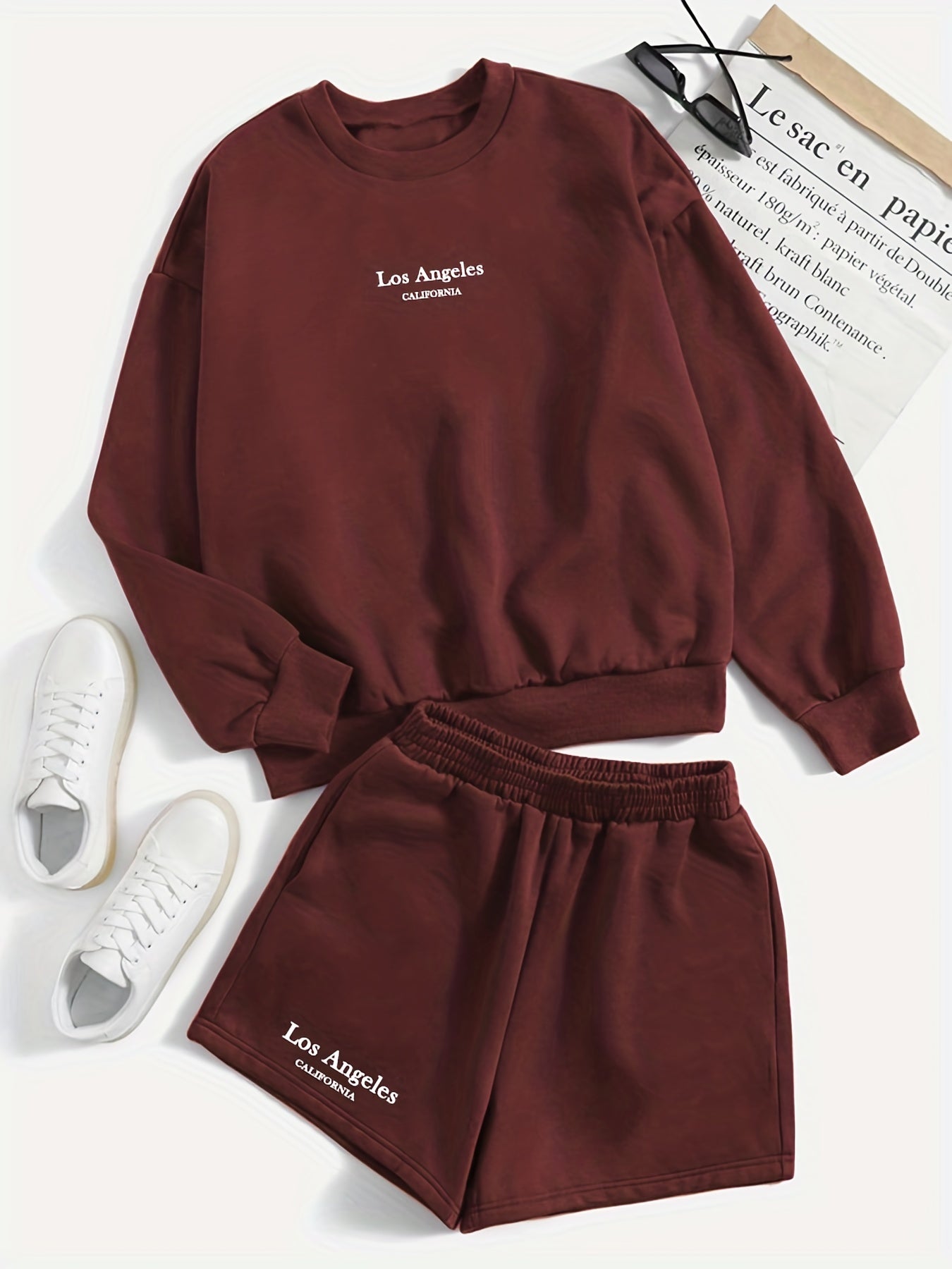 Casual Two piece Set Crew Neck Long Sleeve Sweatshirt & Shorts