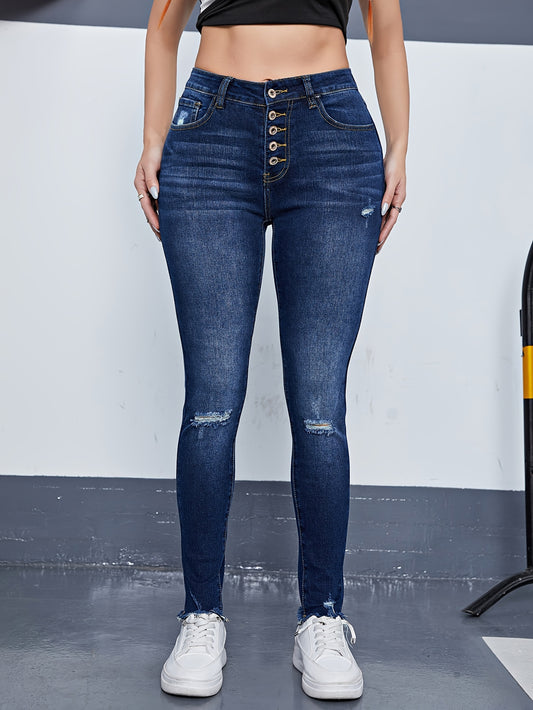  Ripped High Rise Skinny Jeans with Fringe Trim