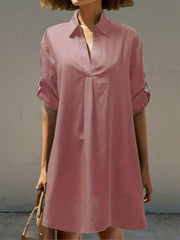 V-Neck Loose Shirt Dress Casual Solid Half Sleeve Waist Summer Beach Dress