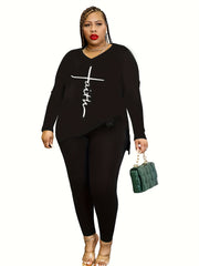  Cross Letter Print V Neck Tee & Pants Set