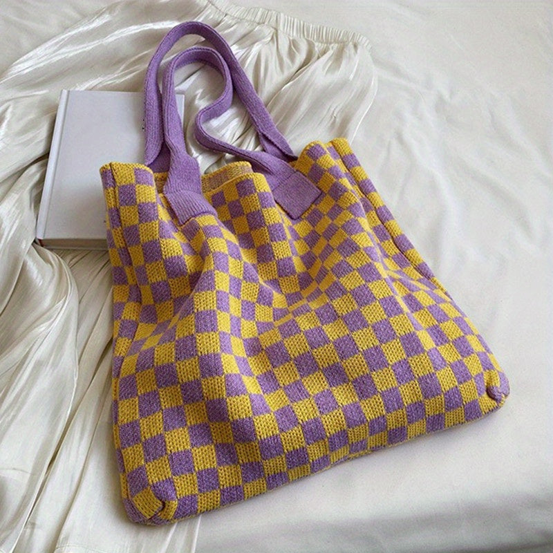 Checkerboard Pattern Shoulder Bag Knitted Satchel Tote Bag
