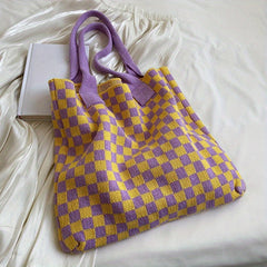 Checkerboard Pattern Shoulder Bag Knitted Satchel Tote Bag