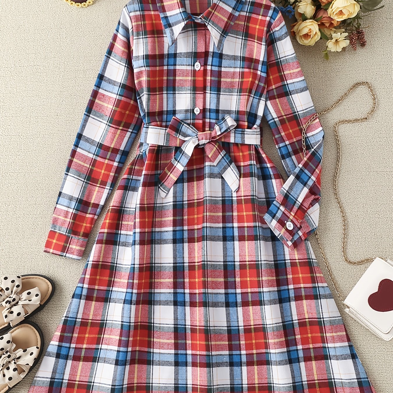 Plaid Shirt Dress Long Sleeve Button Down Girls School Dresses