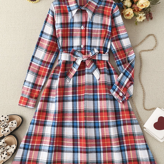 Plaid Shirt Dress Long Sleeve Button Down Girls School Dresses