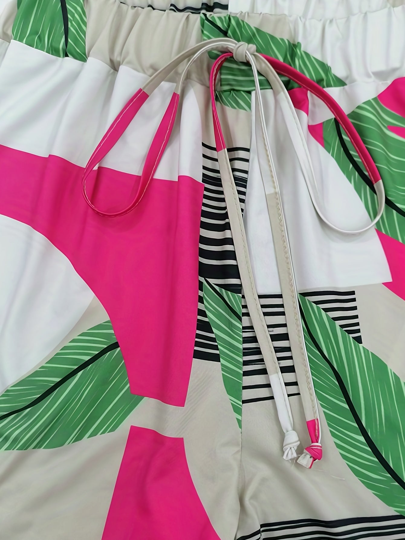  Boho Pants Women's Plus Colorblock Striped & Leaf Print Ruffle Trim