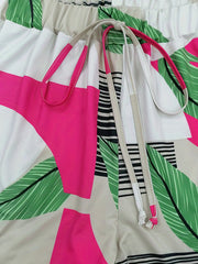  Boho Pants Women's Plus Colorblock Striped & Leaf Print Ruffle Trim