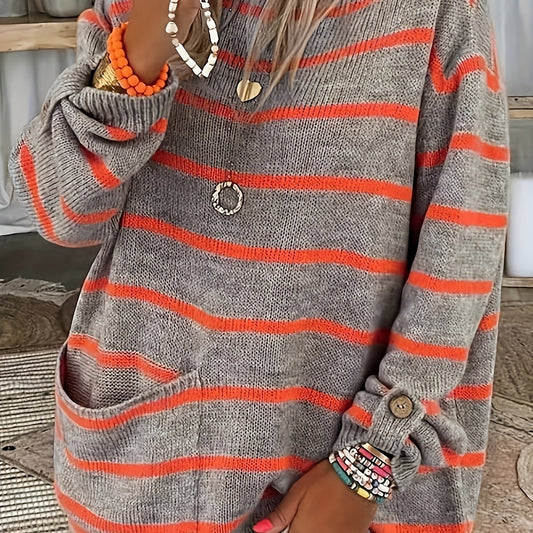 Striped Boat Neck Pullover Sweater Vintage Long Sleeve Pocket Loose Sweater