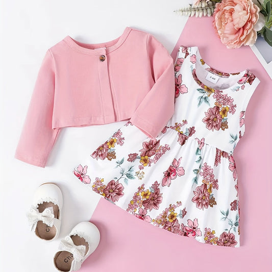 Baby Girl's Floral Print Pleated Sleeveless Dress Set