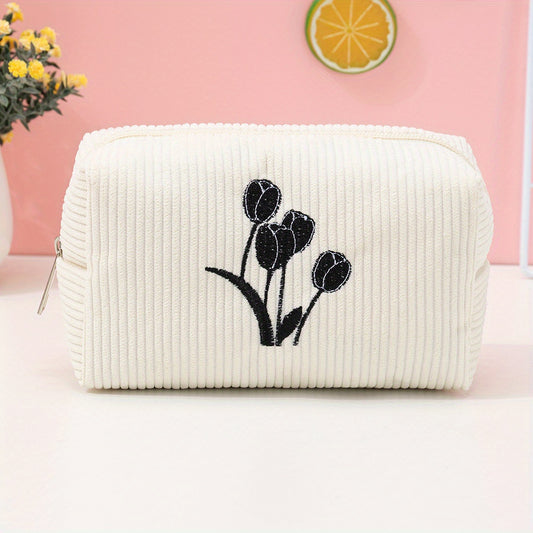 Tulip Embroidery Square Makeup Bag Roomy Zipper Toiletry Bag