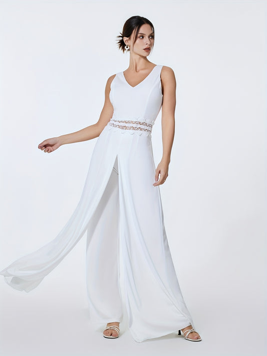 Sleeveless Jumpsuit with Overskirts Casual V Neck Lace Splicing Long Length