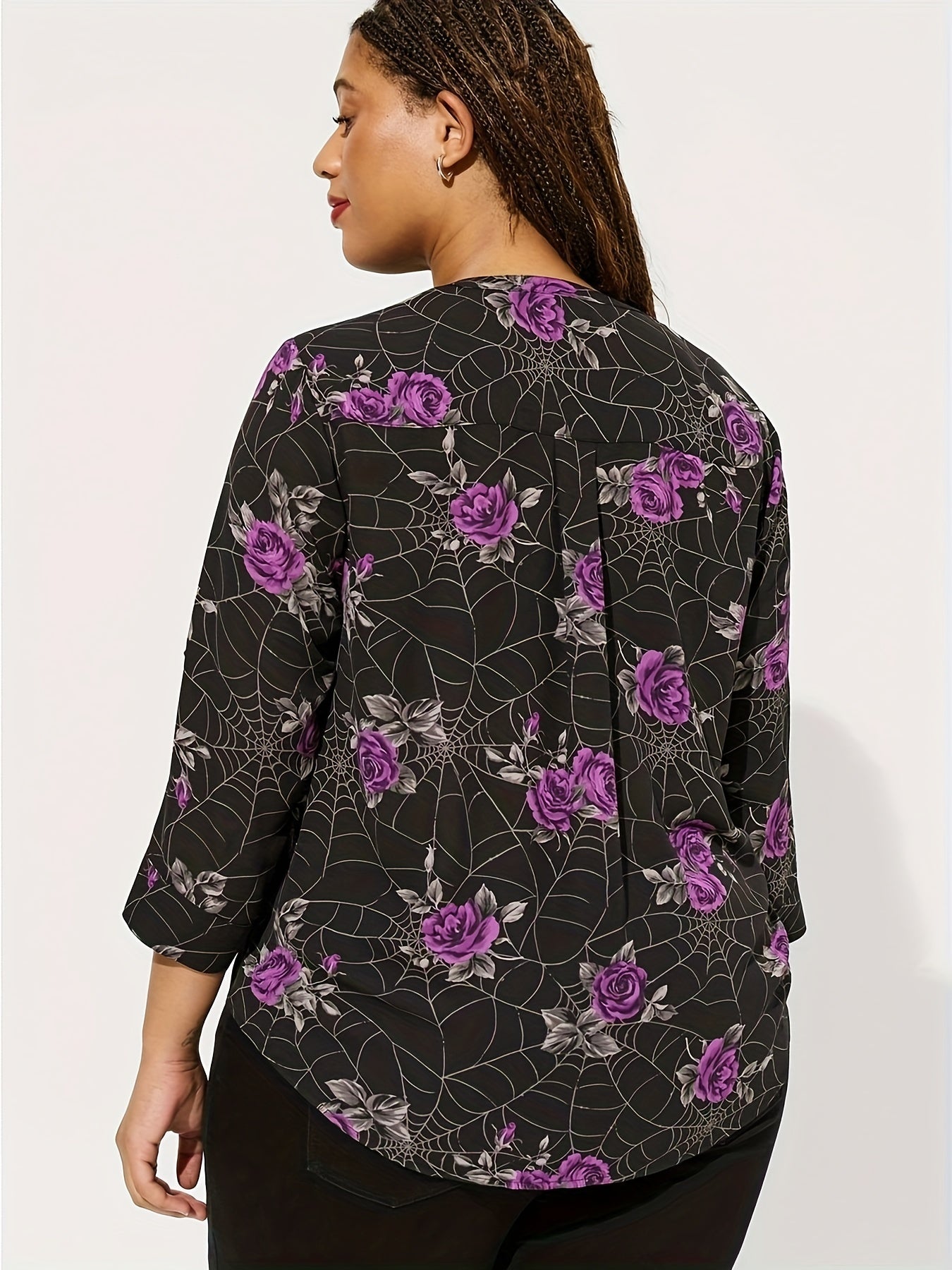 Women's Floral & Spider Web Print Button Up Long Sleeve V Neck Shirt