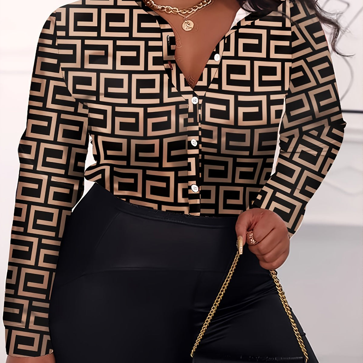  Geometric Print Button Up Blouse