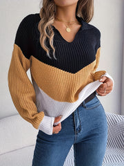  Colorblock Long Sleeve Notched Neck Jumper