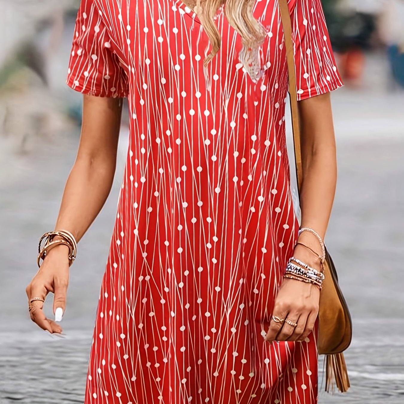  Geometric Print V Neck Dress