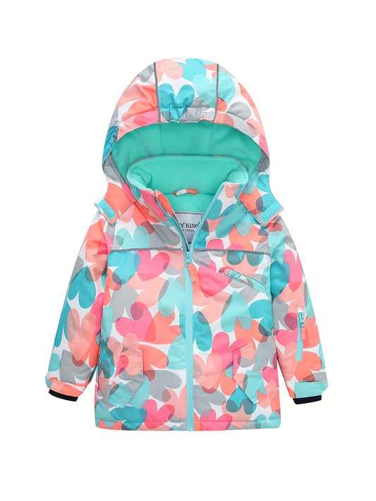 Girls' Heart Print Ski Jacket Hooded Zip Up Winter Vacation Gift