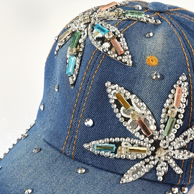 Rhinestone Leaf Patch Baseball Cap Denim Distressed Dad Hat