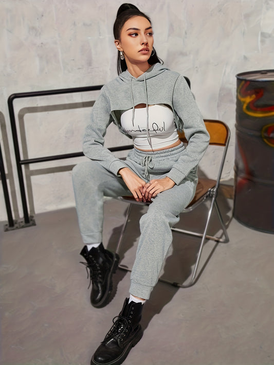 Casual Solid Two-piece Set Cropped Drawstring Hoodies & Jogger Pants