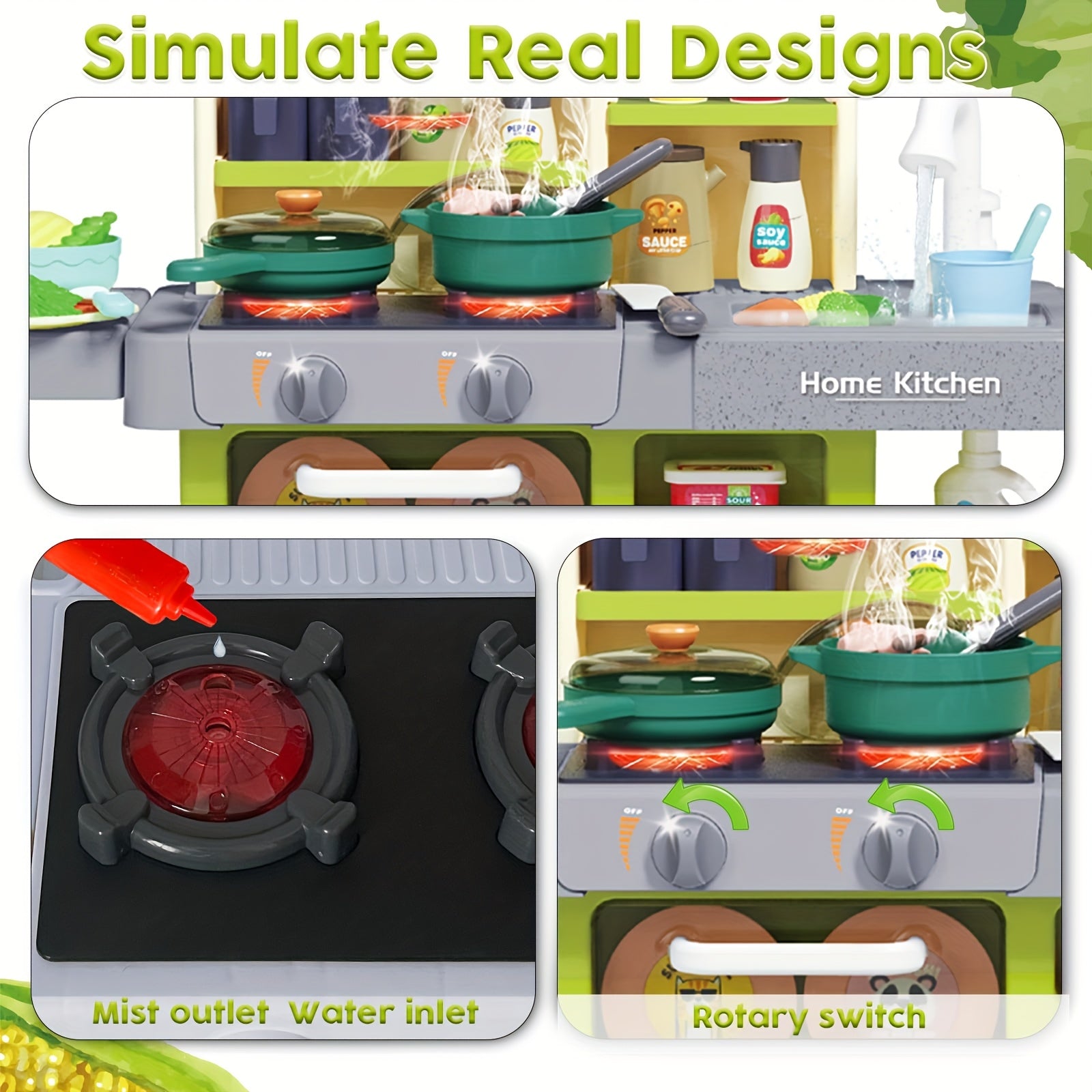 Kids Play Kitchen Set with Light Stove & Sink, Play Food Toy, Accessories