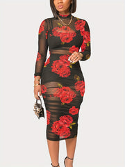 Sexy Floral Print 3pc Set Crop Top Shorts Bodycon Mesh Dress