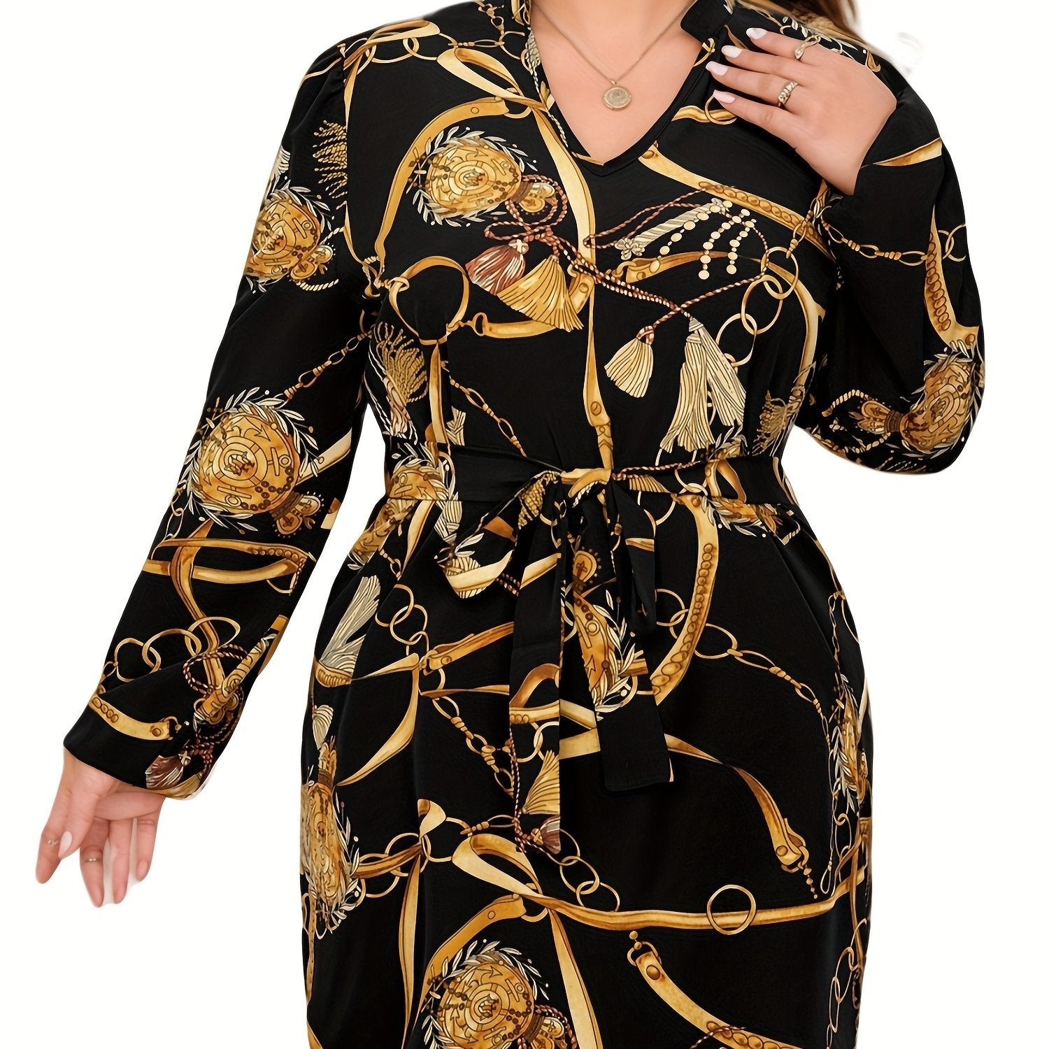  Chain Print V Neck Belted Dress