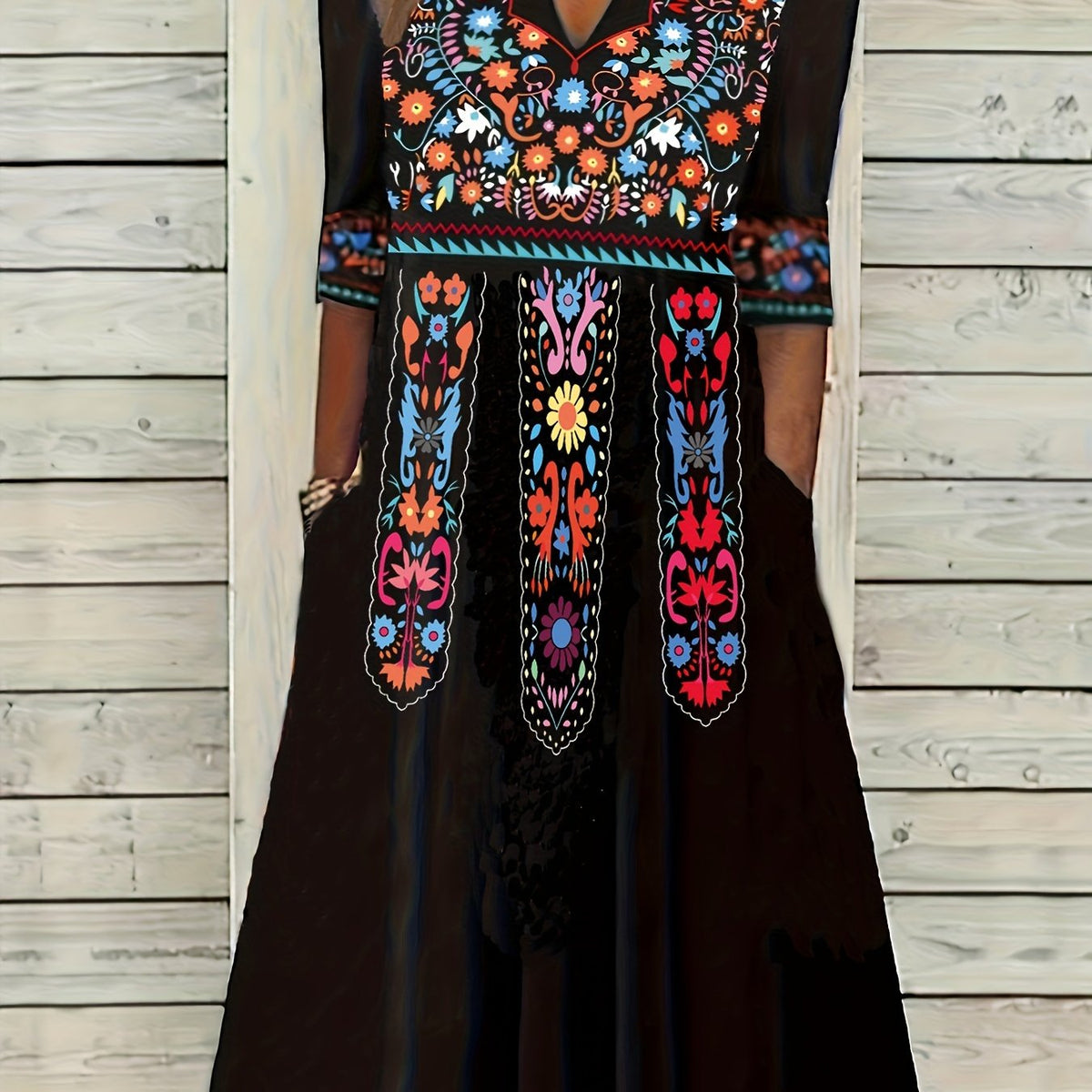  Boho Dress Women's Plus Notched Neck Tribal Print Three Quarter Sleeve