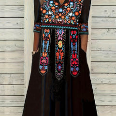  Boho Dress Women's Plus Notched Neck Tribal Print Three Quarter Sleeve