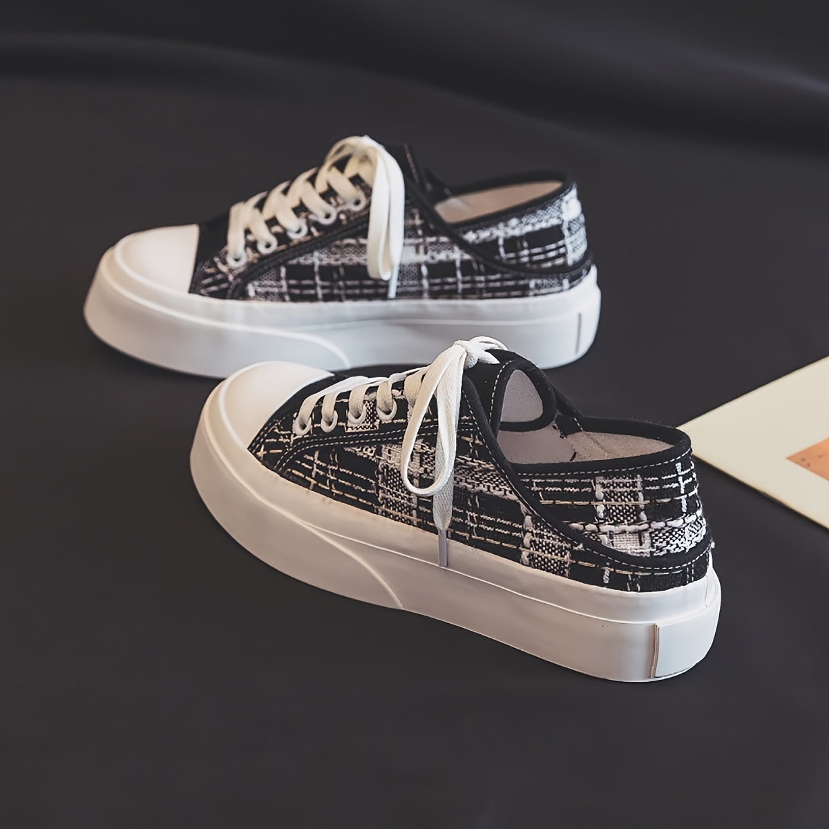 Canvas Platform Sneakers Plaid Lace Up Shoes Women's Footwear