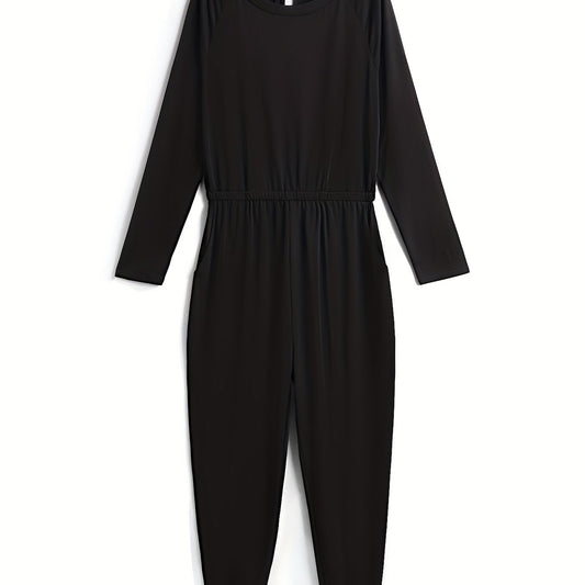 Solid Cinched Waist Jumpsuit Casual Long Sleeve Jumpsuit For Spring & Fall