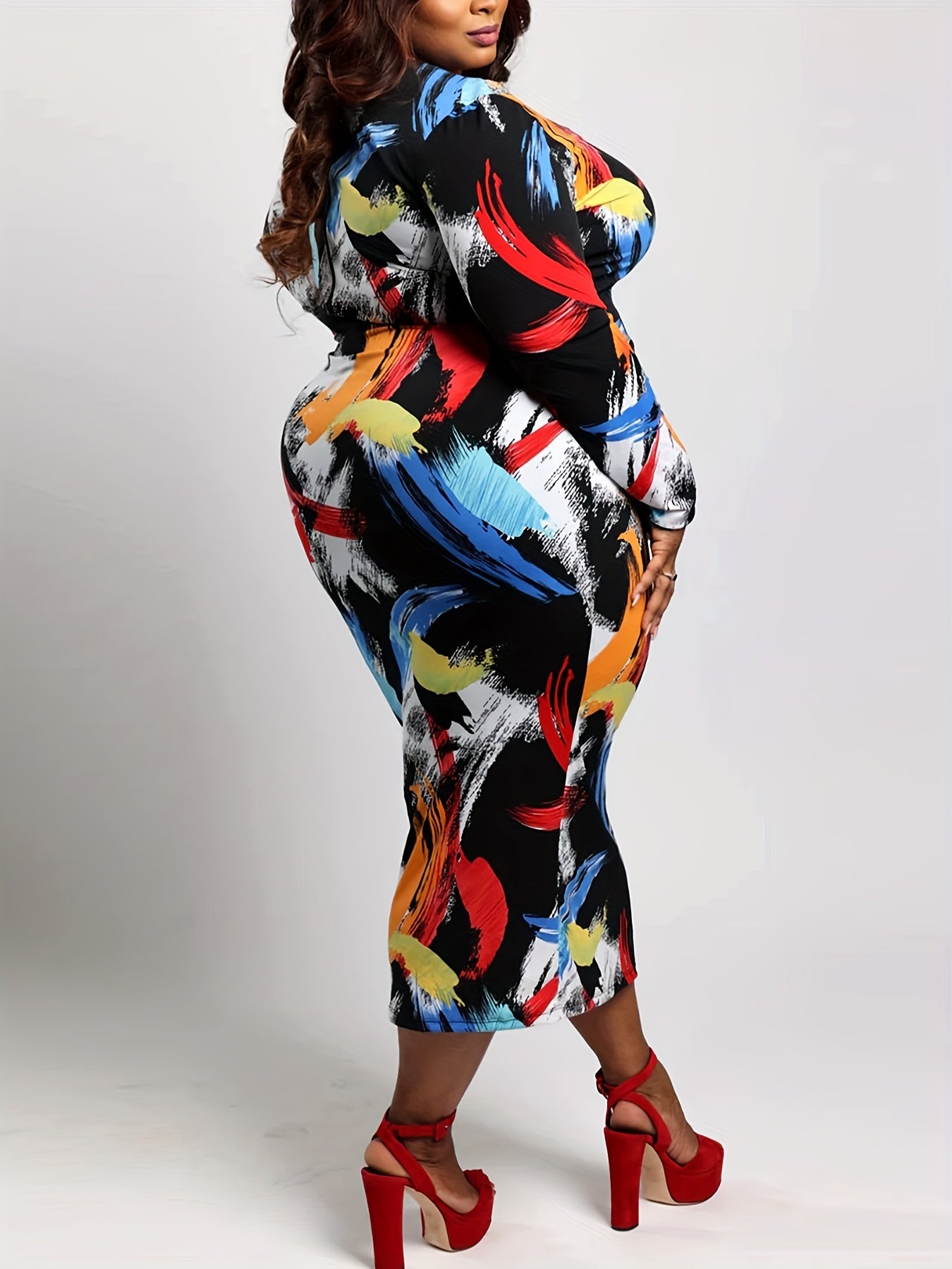  Graffiti Print Bodycon Dress with Half Zipper