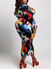  Graffiti Print Bodycon Dress with Half Zipper