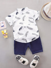 2pcs Baby Boys Feather Print Shirt & Shorts Set Cotton Casual Clothes