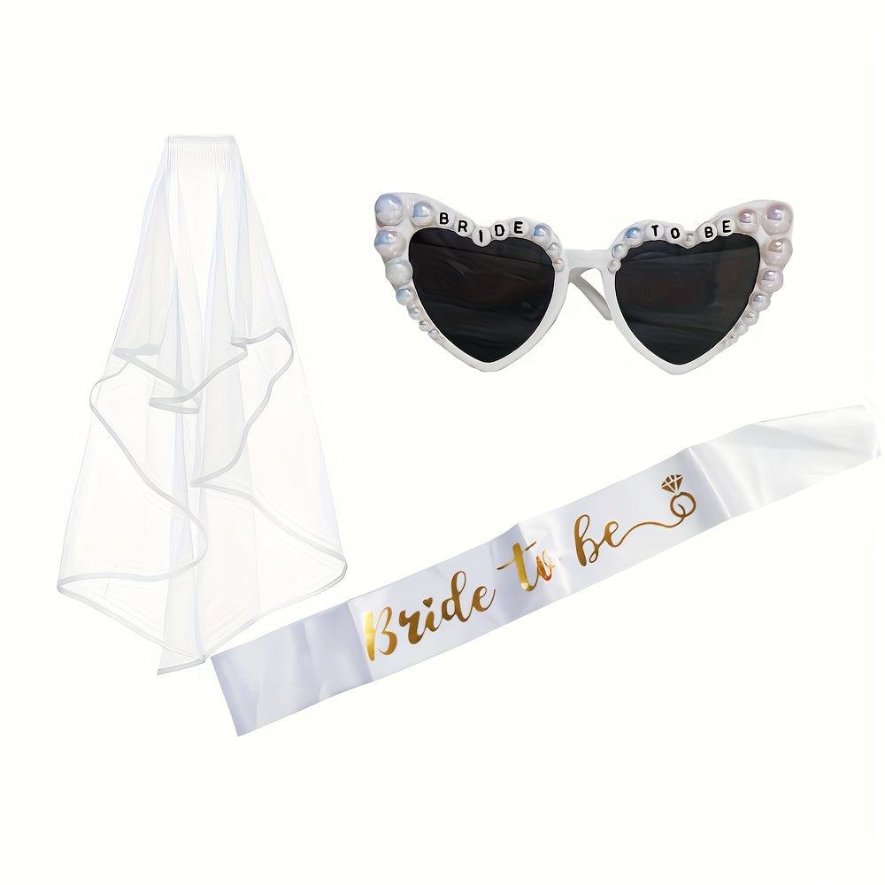 3pcs Bride to Be Glasses Sash and Veil Wedding Bridal Bachelorette Party