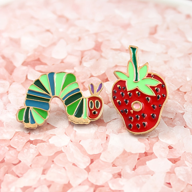 Cute Strawberry Worm Enamel Pins