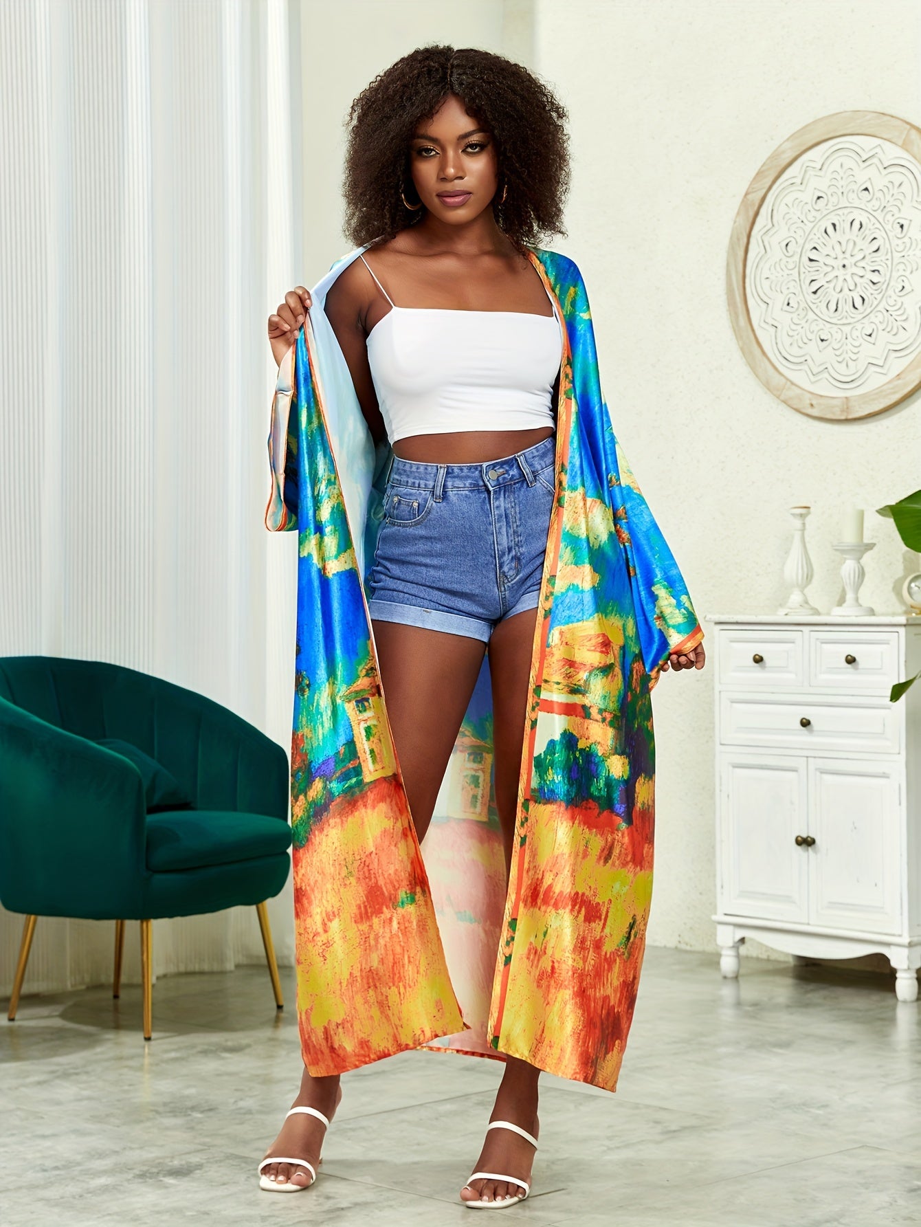 Boho Kimono Women's Plus Lotus Print Open Front Belted Cover Up