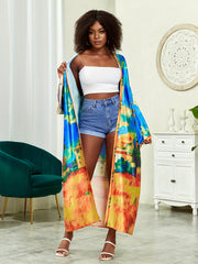 Boho Kimono Women's Plus Lotus Print Open Front Belted Cover Up