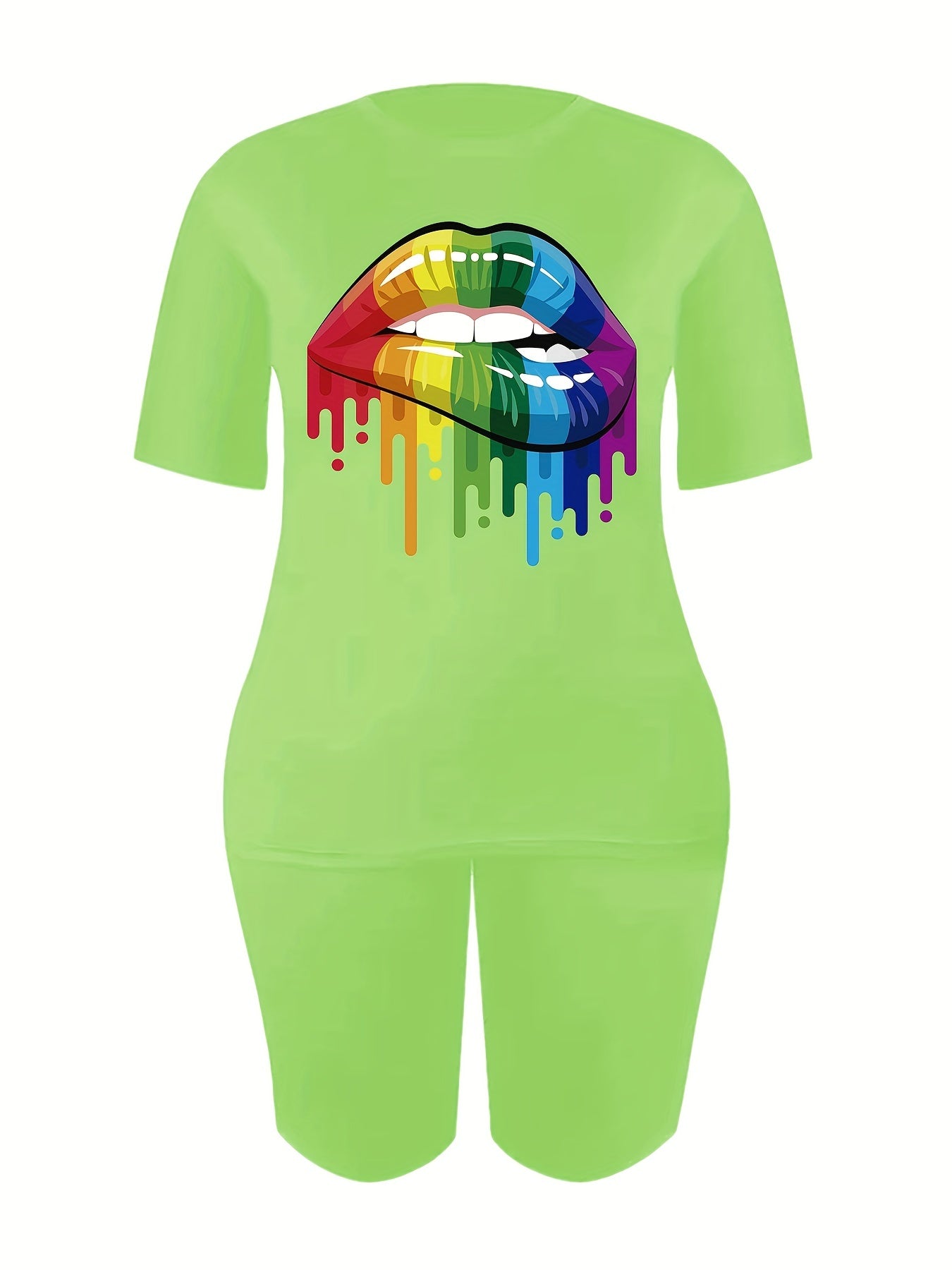 Lips Print Tee & Slim Shorts Set for Women
