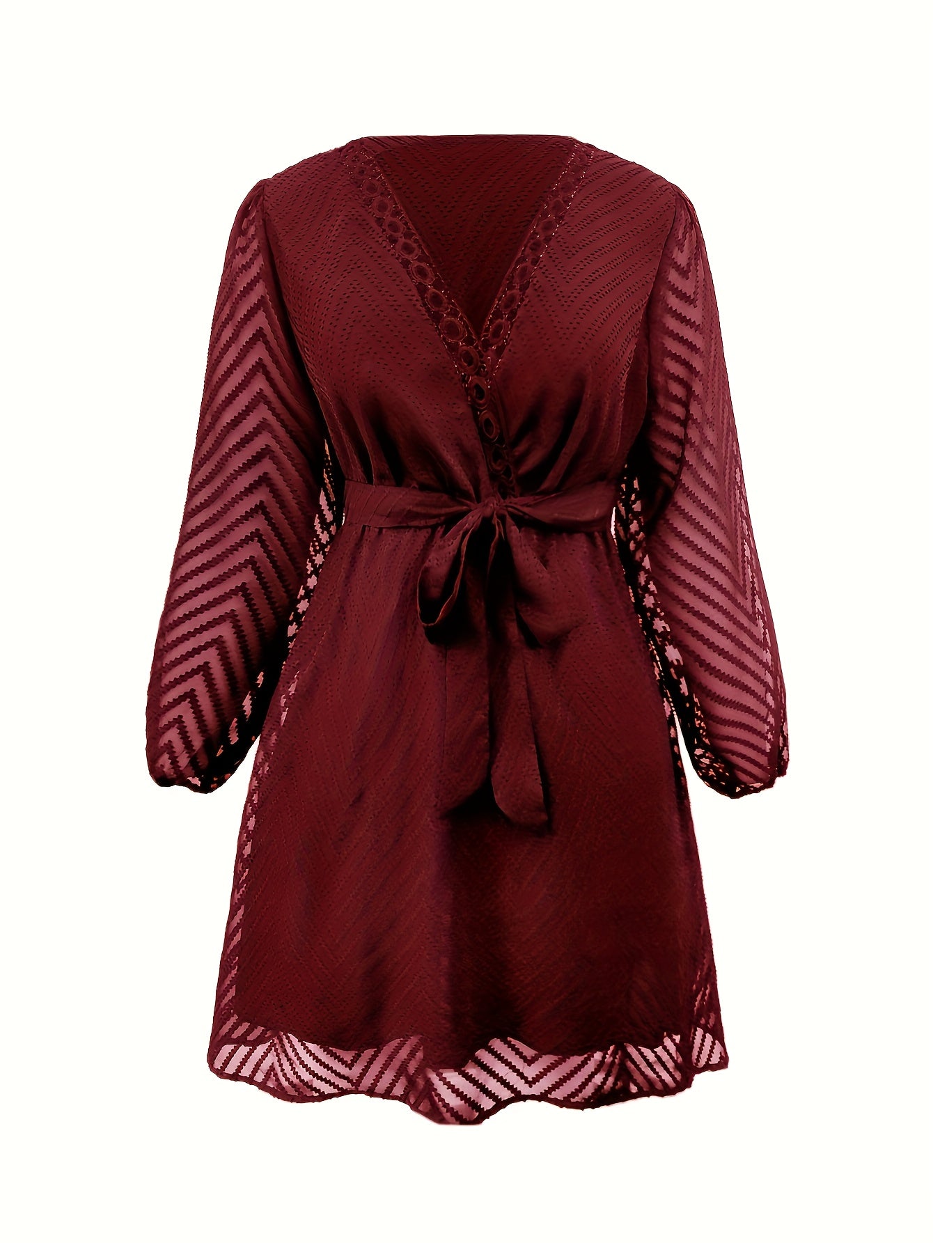  Chevron Print Mesh Lantern Sleeve Layered Dress With Belt
