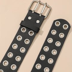Punk Eyelet Wide Belt Double Pin Buckle Rivet PU Leather Waistband For Women