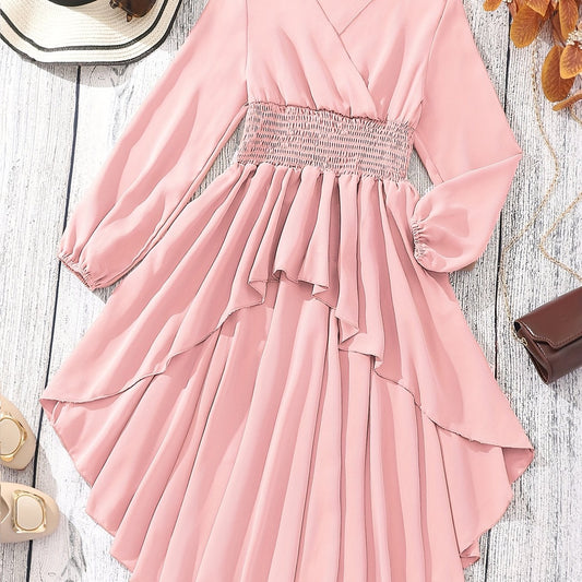 Girls V-neck High Low Long Sleeve Blouse Longline Peplum Top