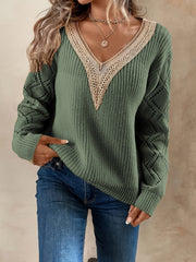 V Neck Guipure Lace Knit Sweater Long Sleeve Casual Top